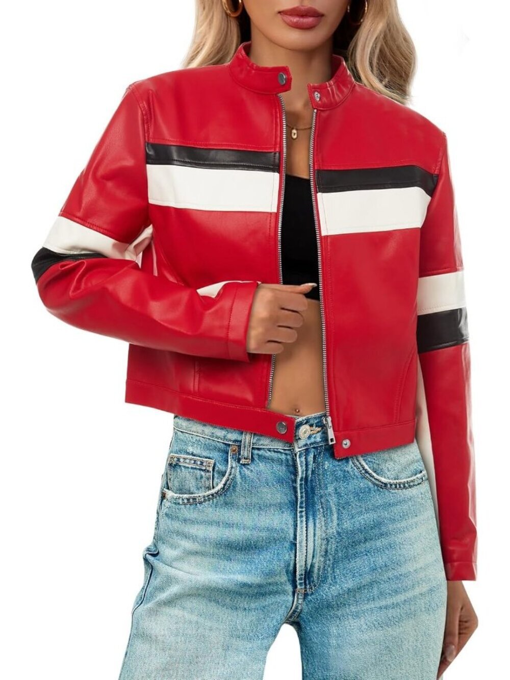 Women's Red Polyester Faux Leather Color Block Vintage Racing Bomber Jacket
